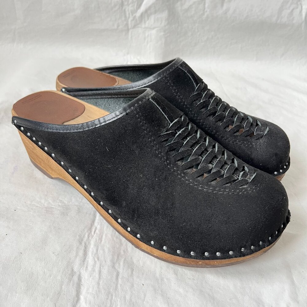 Troentorp Clogs Wright Pull Up black suede woven wood 44 10.5 11 mens slip on